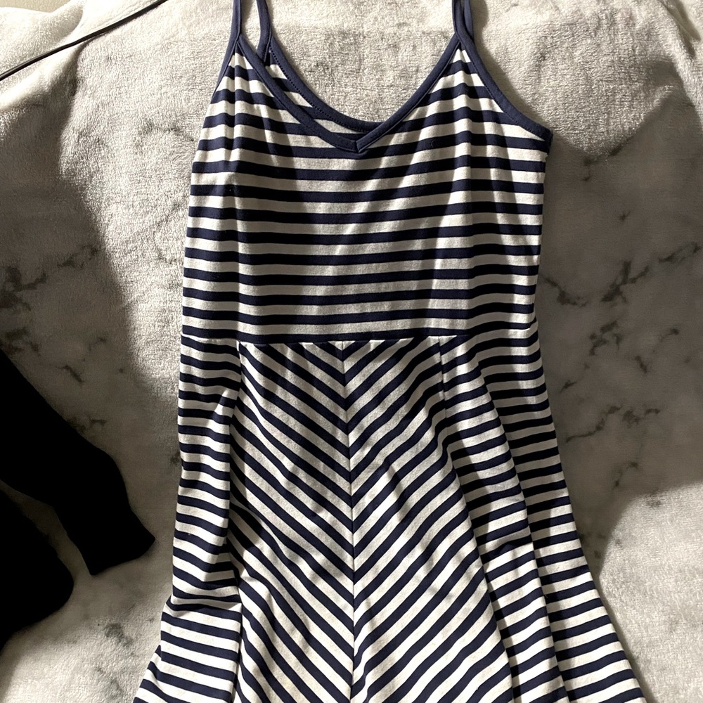 Navy blue and white stripped dress size large